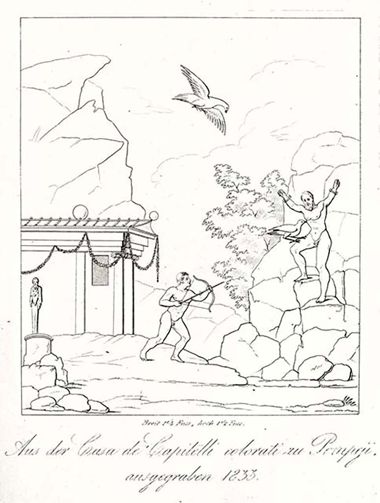 VII.4.31/51 Pompeii. Room 22, east wall. 
The central wall painting was a mythological landscape showing Hercules rescuing Prometheus.  
Now in Naples Museum. Inventory number 8849?

