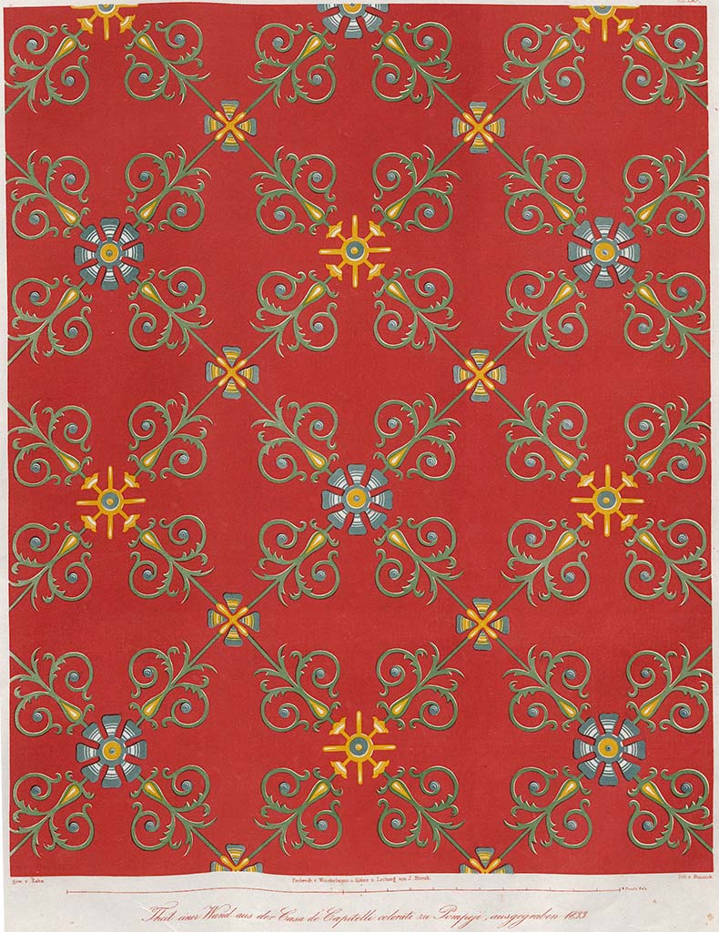 VII.4.31/51 Pompeii. Room 24, east wall. C.1840. Drawing by James William Wild, showing pattern on a dark background.
The ground dark red and the foliage touched in with light green, light blue, white and yellow.
The only example in Pompei of a pattern covering a wall.
Photo © Victoria and Albert Museum, inventory number E.4004-1938. 
