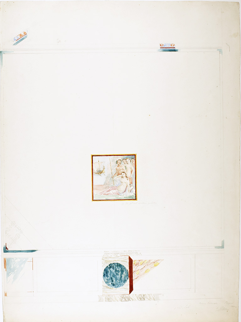 VII.4.31/51 Pompeii. Room 24, east wall. 
Drawing by Serafino Mastracchio of painting of Arianna abandoned on Naxos. 
Now in Naples Archaeological Museum. Inventory number ADS 622.
Photo © ICCD. https://www.catalogo.beniculturali.it
Utilizzabili alle condizioni della licenza Attribuzione - Non commerciale - Condividi allo stesso modo 2.5 Italia (CC BY-NC-SA 2.5 IT)
See Helbig, W., 1868. Wandgemälde der vom Vesuv verschütteten Städte Campaniens. Leipzig: Breitkopf und Härtel, (1234).
Kuivalainen describes –
“A composition of five main figures on the sea shore.…………………..”
Kuivalainen comments –
“The relationship to the scenes depicting a sleeping Ariadne above is obvious. The sequence of the events is tighter here: the sailing Theseus is not far from the shore, Ariadne is barely awake but already aware of his departure, and Bacchus with his companions have just arrived. The central position of Silenus, of equal height with the divinity, is rare.”
See Kuivalainen, I., 2021. The Portrayal of Pompeian Bacchus. Commentationes Humanarum Litterarum 140. Helsinki: Finnish Society of Sciences and Letters, p.153-4, E17.
