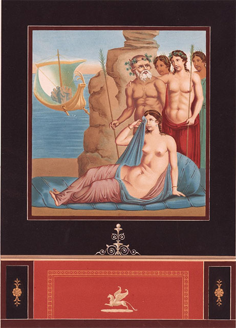 VII.4.31/51 Pompeii. Room 24, east wall. 1841 painting by Carl Loffler, Wall decoration from Colona Colorato in Pompeii.
Photo courtesy of Thorvaldsens Museum, Copenhagen. Inventory number D1813. www.thorvaldsensmuseum.dk Use CC0 Public Domain
