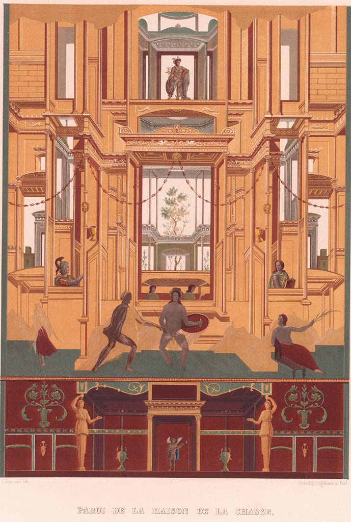 VII.4.48 Pompeii. Pre-1846. Room 13, painting of west wall, by Raoul Rochette.
See Raoul-Rochette M., 1846. Choix de Peintures de Pompei. Paris : LImprimerie Royale, (pl.12).
According to Zahn, in the centre of the wall was a painting of Ulysses discovering Achilles.
See Zahn, W., 1842-44. Die schnsten Ornamente und merkwrdigsten Gemlde aus Pompeji, Herkulanum und Stabiae: II. Berlin: Reimer, (pl.80 for plan, however note that his plan shows the room next to the west ala (our room 14) as being empty of paintings, whereas this is the room that has the paintings of Leda, Danae and Venus, which he has shown as being in the next cubiculum (our room 15) in the north-west corner of the atrium, which is in fact empty of decorations).
