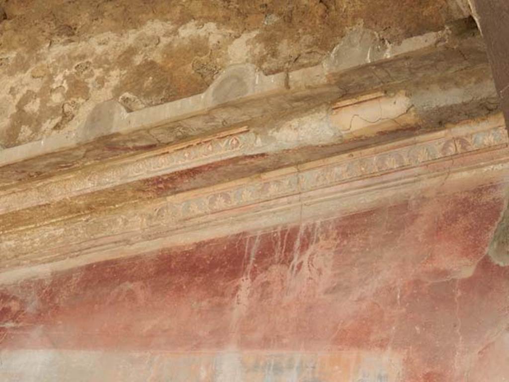 VII.4.48 Pompeii. May 2015. Peristyle, stucco on north end of west wall.  Photo courtesy of Buzz Ferebee.
