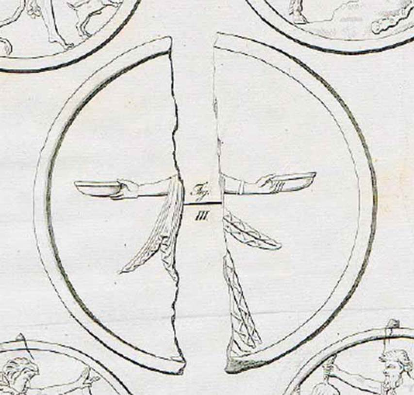 VII.4.59 Pompeii. Peristyle O, 1840 drawing of two sides of a fragment of a double sided oscillum. The oscillum was of archaic design, with a female figure on each side. Now in Naples Archaeological Museum.  Inventory number s.n. See Avellino F., 1843. Descrizione di una casa disotterrata in Pompei negli anni 1832, 1833 e 1834., Napoli, Memorie della R. Acc. Ercolanese III, 1843, Tav V, fig. III.