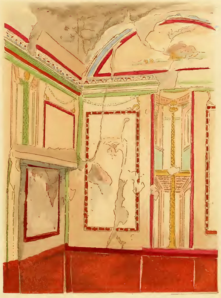 VII.4.62 Pompeii. Undated painting by Pierre Gusman, looking towards south-west corner of vaulted cubiculum.
See Gusman P., 1924. La Dcoration Murale de Pompei. Paris : Moranc, pl. XVIII,2.

