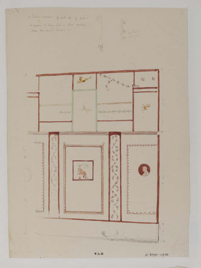 VII.4.62 Pompeii. c.1840. Painting by James William Wild of part of north wall of a cubiculum on west side of atrium.
In the central painting, Narcissus can be recognised. (Helbig 1345).
Photo  Victoria and Albert Museum, inventory number E.3991-1938.
