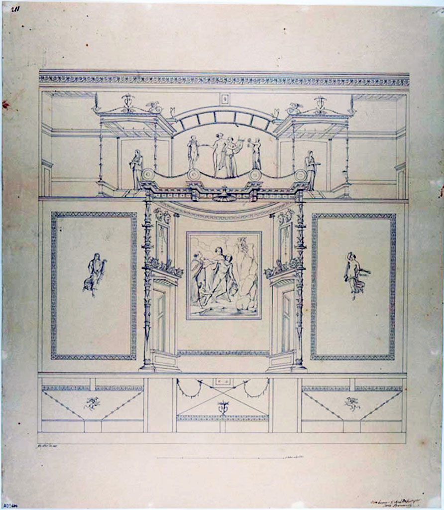 VII.4.62 Pompeii. Triclinium 7, north wall, drawing by Giuseppe Abbate showing the decoration now lost.
Now in Naples Archaeological Museum. Inventory number ADS 684.
Photo  ICCD. http://www.catalogo.beniculturali.it
Utilizzabili alle condizioni della licenza Attribuzione - Non commerciale - Condividi allo stesso modo 2.5 Italia (CC BY-NC-SA 2.5 IT)
The central fresco of the rape of Hylas is now in Naples Archaeological Museum. Inventory number 8882. In the panel on each side is a floating female figure.
In the architectural painting of the upper zone is Dionysus leaning on a Satyr playing the lyre, with a Silenus with tympanum and a Satyr with a flute.
Either side, standing at the top of steps are two female figures with utensils for a sacrifice in their hands.
In the lower zone are panels with two flying horses, crossed thyrsi, twirls of leaves and garlands of leaves.
At the top of the wall was a stucco frieze decorated with shields separating this area of the wall from the lunette above, but it is not included in Abbate's drawing.
The stucco frieze has been dated to the time of Vespasian.
See Carratelli, G. P., 1990-2003. Pompei: Pitture e Mosaici: Vol. VII. Roma: Istituto della enciclopedia italiana, p. 151-2, no. 18.
