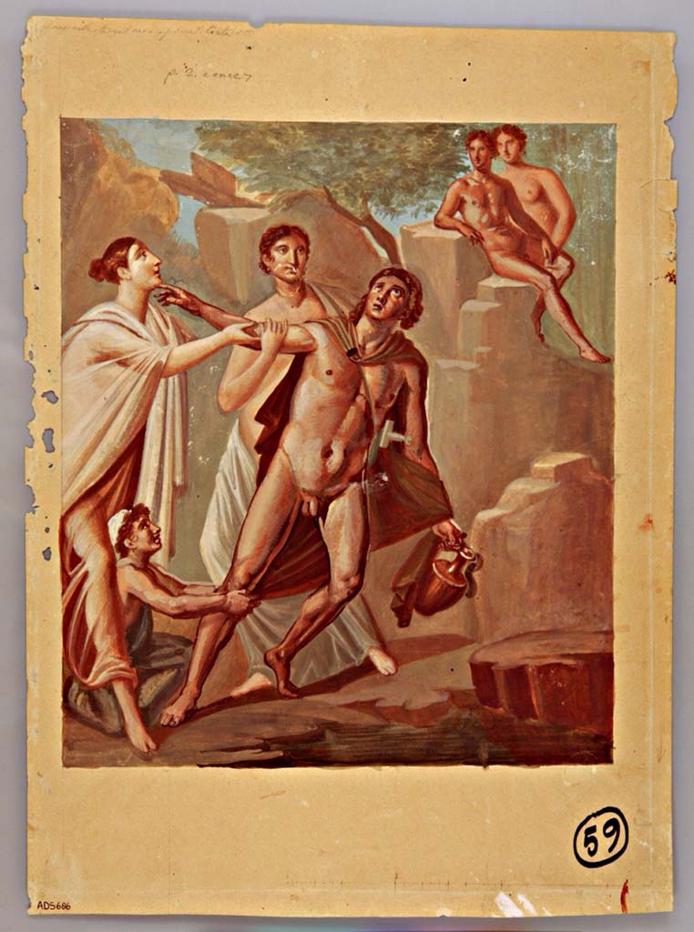 VII.4.62 Pompeii. Triclinium 7, north wall. Copy of the fresco of the rape of Hylas, attributed to Giuseppe Marsigli.
Now in Naples Archaeological Museum. Inventory number ADS 686.
Photo  ICCD. http://www.catalogo.beniculturali.it
Utilizzabili alle condizioni della licenza Attribuzione - Non commerciale - Condividi allo stesso modo 2.5 Italia (CC BY-NC-SA 2.5 IT)
