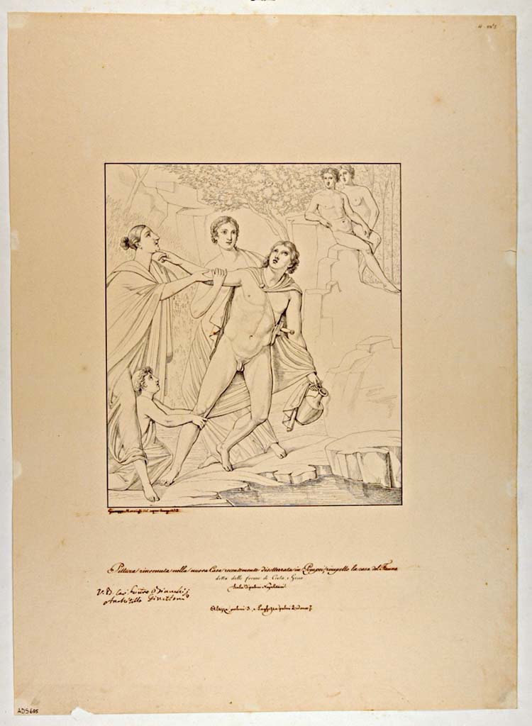 VII.4.62 Pompeii. Triclinium 7, north wall. Drawing by Giuseppe Marsigli, 1833, a copy of the painting of the rape of Hylas
Now in Naples Archaeological Museum. Inventory number ADS 685.
Photo  ICCD. http://www.catalogo.beniculturali.it
Utilizzabili alle condizioni della licenza Attribuzione - Non commerciale - Condividi allo stesso modo 2.5 Italia (CC BY-NC-SA 2.5 IT)
