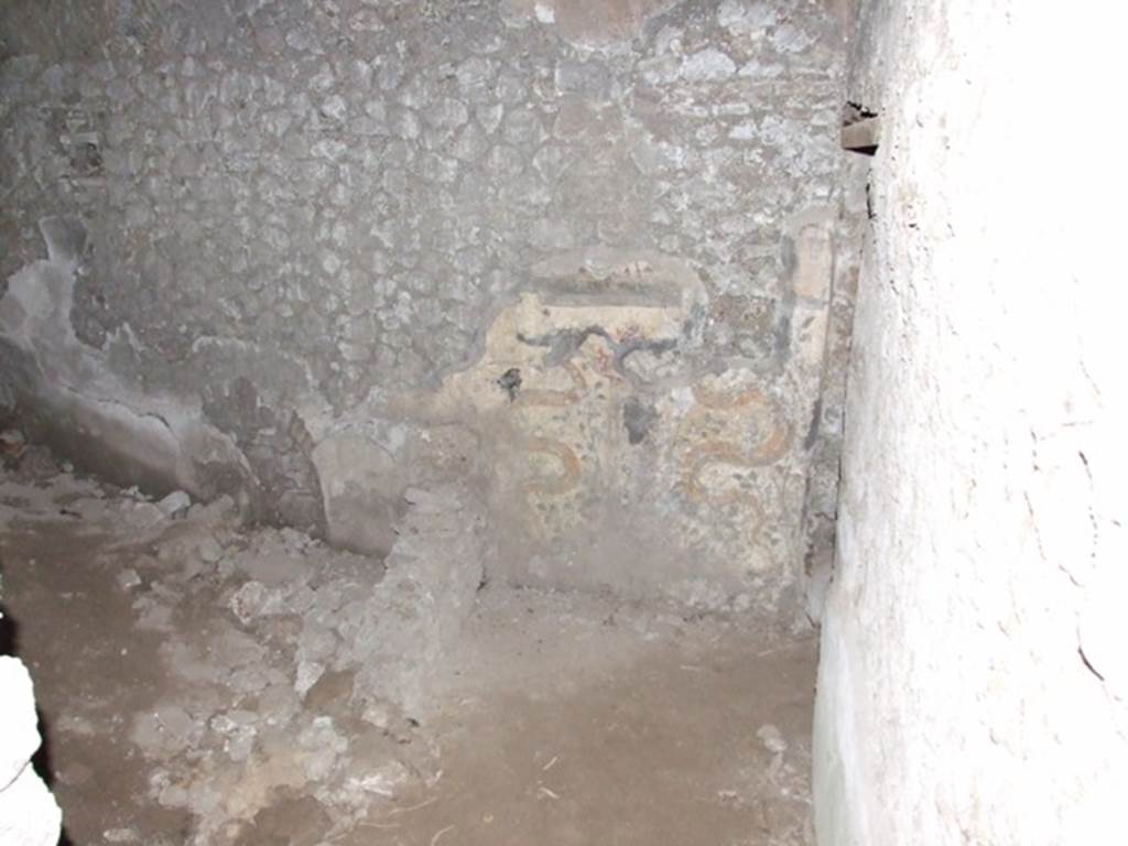 VII.6.3 Pompeii. December 2007. East end of north wall in kitchen g. Remains of Lararium wall painting, with ruins of masonry structure on its west side. According to Spano there were three low walls at right angles to the north wall. See Notizie degli Scavi di Antichit, 1910, p. 444.