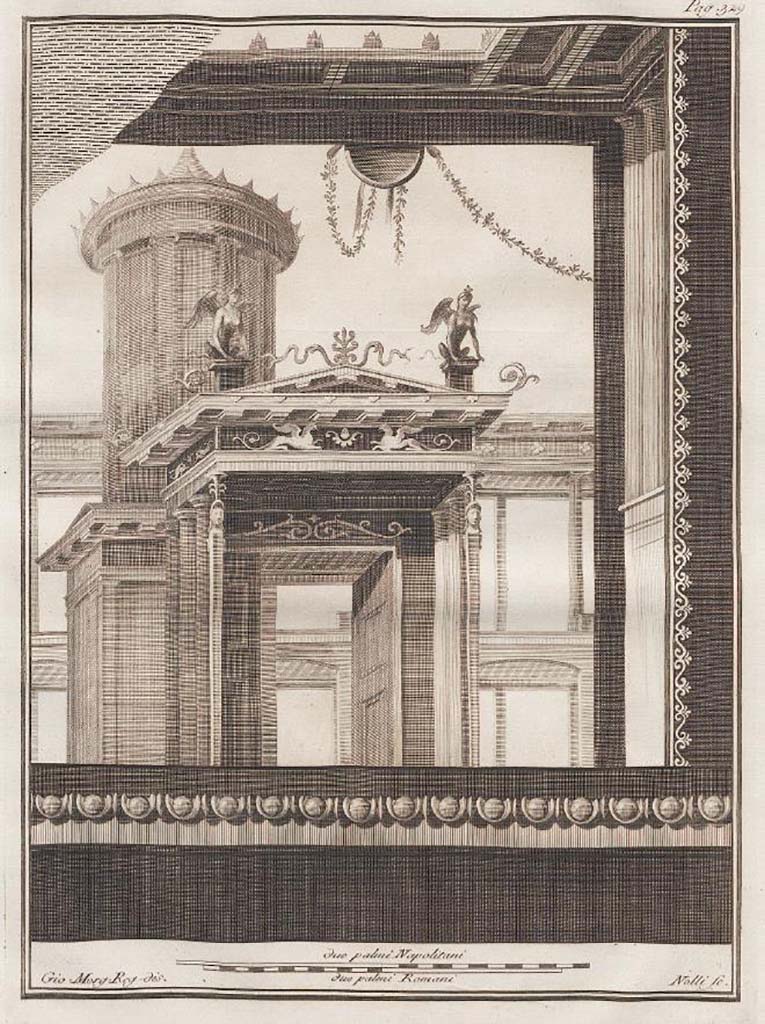 VII.6.28 Pompeii. Found in Civita, 1st April 1762. Architecture with sphinxes.
Now in Naples Archaeological Museum. Inventory number 8572.
See Antichit di Ercolano: Tomo Quarto: Le Pitture 4, 1765, 66, 329.
