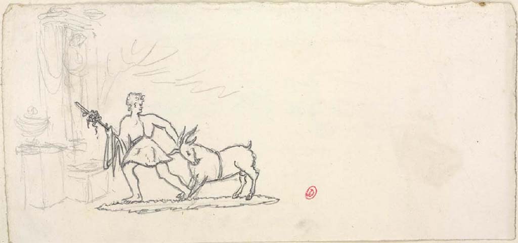 VII.6.28 Pompeii. 
This may be from the cornice, see above, with the goat is being pulled to the left, and there are added buildings, trees, etc. 
See Gell, W. Pompeii unpublished [Dessins de l'dition de 1832 donnant le rsultat des fouilles post 1819 (?)] vol II, pl. 49.
Bibliothque de l'Institut National d'Histoire de l'Art, collections Jacques Doucet, Identifiant numrique Num MS180 (2).
See book in INHA Use Etalab Licence Ouverte

