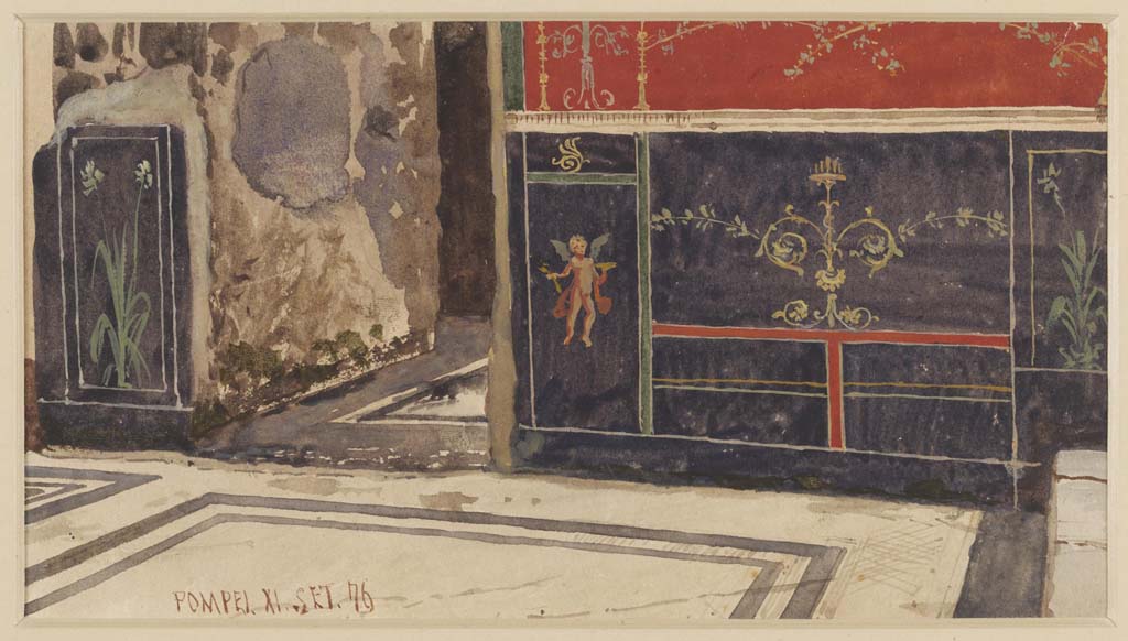 VII.7.5 Pompeii, September 1876. 
Watercolour by Luigi Bazzani. Ala (e), looking towards zoccolo on south wall with doorway into room (d).
Photo © Victoria and Albert Museum. Inventory number 2040-1900.

