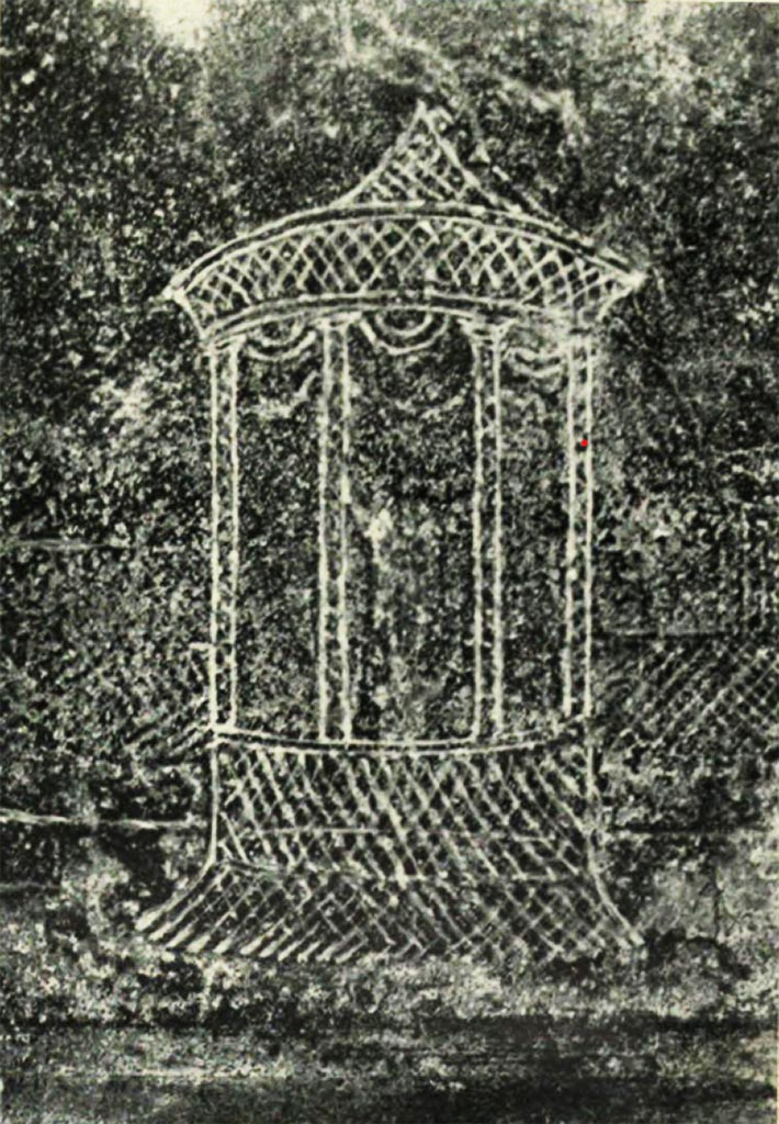 I.4.25 Pompeii. c.1930. 
Room 19, painting of similar aviary structure from east end of south wall of great triclinium of I.4.25. 
According to Van Buren - 
“the proportions of the whole, and the curving lines at the top, are copied from a painting in yellow on black, showing a structure similar in design though presumably differing in function, in I.iv.25, on the wall to the right as one enters the great triclinium which opens at the north-east corner of the peristyle.”
See Van Buren, A. W. 1932. Further Pompeian Studies in Memoirs of American Academy in Rome, vol.10, 1932, Pl.1,2. (p.10-13 below).
See Carratelli, G. P., 1990-2003. Pompei: Pitture e Mosaici: Vol. I.  Roma: Istituto della enciclopedia italiana. (p.148, no.53).
