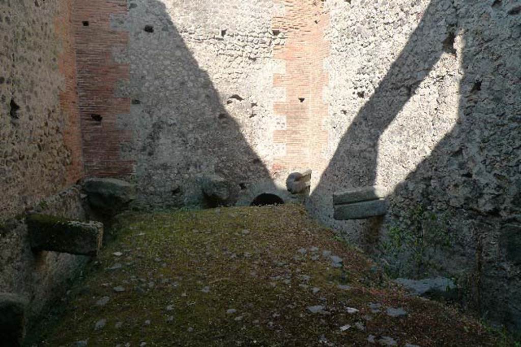 VII.7.28 Pompeii. July 2010. Looking west across latrine. Photo courtesy of Michael Binns. A deep sewer trench was provided with a water supply inlet pipe and a sewerage outlet pipe. The stone structures sticking out from the wall would have held wooden benches to accommodate people.