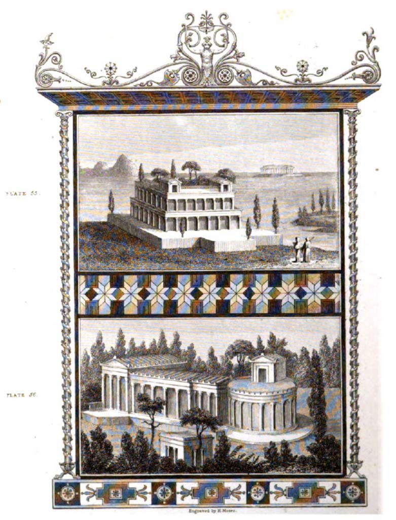 VII.7.32 Pompeii. c.1821, drawings published by Gell.
According to Gell,
“Around the walls of the peribolus of the temple of Bacchus are introduced divers representations of architectural subjects and pygmies; whence it obtained the name of the House of the Dwarfs, until the year 1817, when an entire excavation having been effected in that quarter, it was found to contain a temple.

The painter in these subjects has given to the proportions of children, heads bearing the character of grown men, leaving the extremities always unfinished. Some of these are given in the Plates 55 to 62, more with a view to the architecture they represent than as works of art. The buildings in the background are always a faint blue or white, and the trees badly daubed. The figures of a dark blackish red, generally less well preserved, are difficult to make out.

Seneca moralises upon the unnatural custom of planting gardens upon the house tops, which enhanced considerably their value. It is not uncommon in Italy and Malta to the present day.
The ornament separating these two subjects is a threshold in mosaic.”
See Gell, W, and Gandy J. P., 1821. Pompeiana: 2nd edition. London: Rodwell and Martin, (p.231-2, plates LV and LVI)
