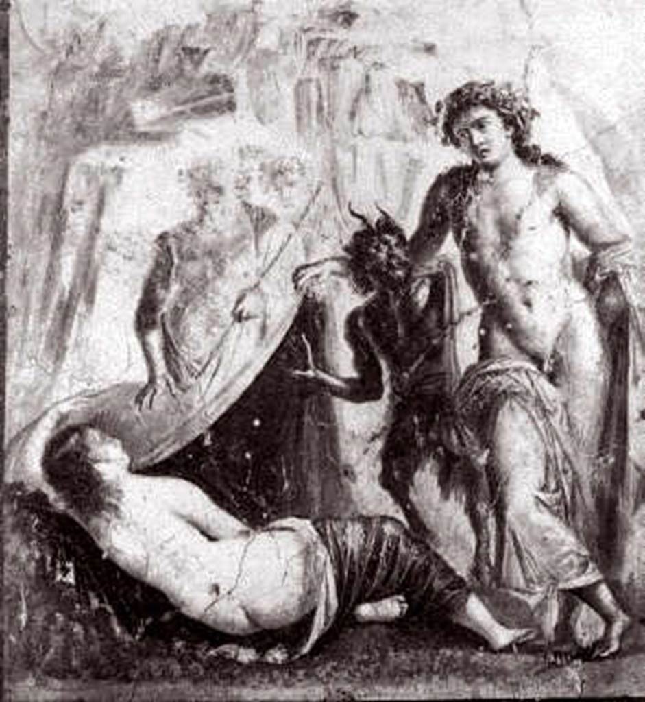 VII.10.3 Pompeii but described as from VII.10.14. Room 7, tablinum.
Drawing by A. Aurelj of painting from centre of south wall showing Dionysius finding Ariadne.
DAIR 83.147. Photo © Deutsches Archäologisches Institut, Abteilung Rom, Arkiv.
