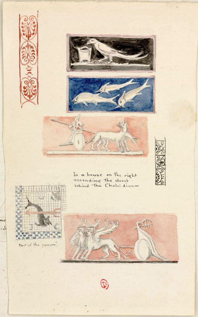 VII.10.3 Pompeii. Room 12, wall of room as painted by Charles-Auguste Questel, between 1831 and 1832. 
See Charles-Auguste Questel (1807-1888) Voyage en Italie et Sicile. Août 1831 - novembre 1832, pl. 110/120.
INHA identifiant numérique : NUM MS 512. Document placé sous « Licence Ouverte / Open Licence » Etalab 
