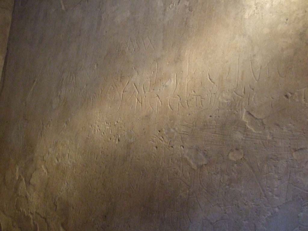 VII.12.18 Pompeii. December 2006. Plastered wall of prostitute’s room.
This is covered with graffiti left by the clients and the girls that worked there.
