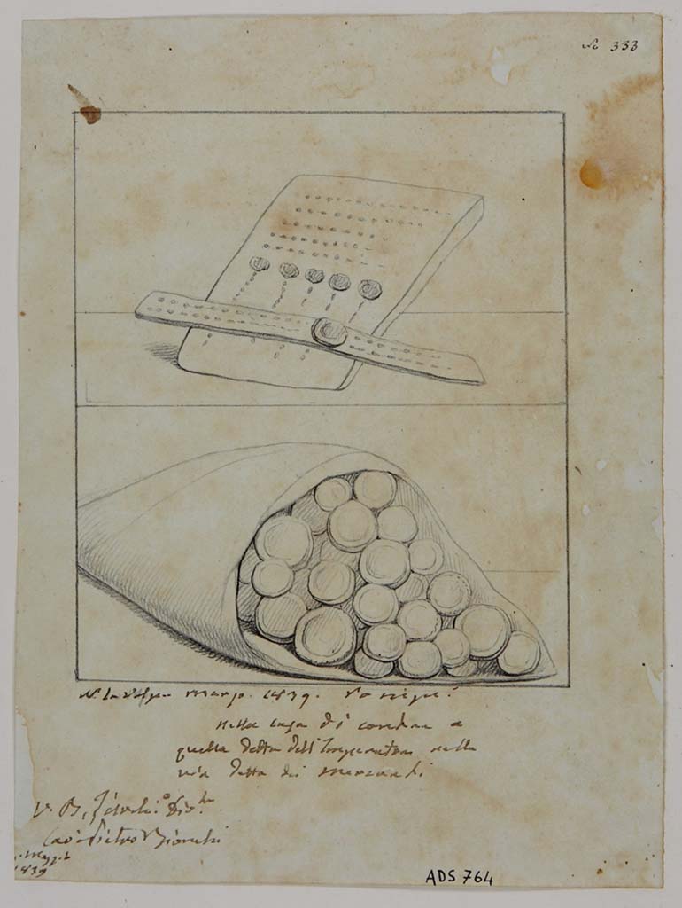 VII.14.5 Pompeii. Drawing by Nicola La Volpe, March 1839, of painting seen on south wall of ala.
The painting showed a letter closed by five seals and a sack of money. 
See Helbig, W., 1868. Wandgemälde der vom Vesuv verschütteten Städte Campaniens. Leipzig: Breitkopf und Härtel, (1727).
Now in Naples Archaeological Museum. Inventory number ADS 764.
Photo © ICCD. http://www.catalogo.beniculturali.it
Utilizzabili alle condizioni della licenza Attribuzione - Non commerciale - Condividi allo stesso modo 2.5 Italia (CC BY-NC-SA 2.5 IT)
