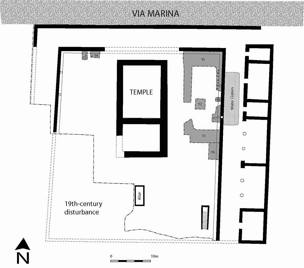 VIII.1.3 Pompeii. Sanctuary of Venus in its first Roman phase of the first century B.C. Excavated trenches are shown in grey; the black dots in the trenches are planting pits.
Plan by O. Jessop. Photo courtesy of M. Carroll.
See Carroll M., 2008. Nemus et Templum. Exploring the sacred grove at the Temple of Venus in Pompeii in Nuove ricerche archeologiche nellarea vesuviana: (scavi 2003-2006). Roma: LErma di Bretschneider, p. 38 fig. 1.
