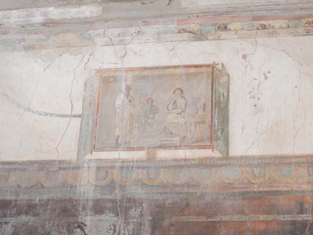 VIII.1.a, Pompeii. May 2018. Painted panel from west end of north wall of oecus A, Aristophanes.
Photo courtesy of Buzz Ferebee.
