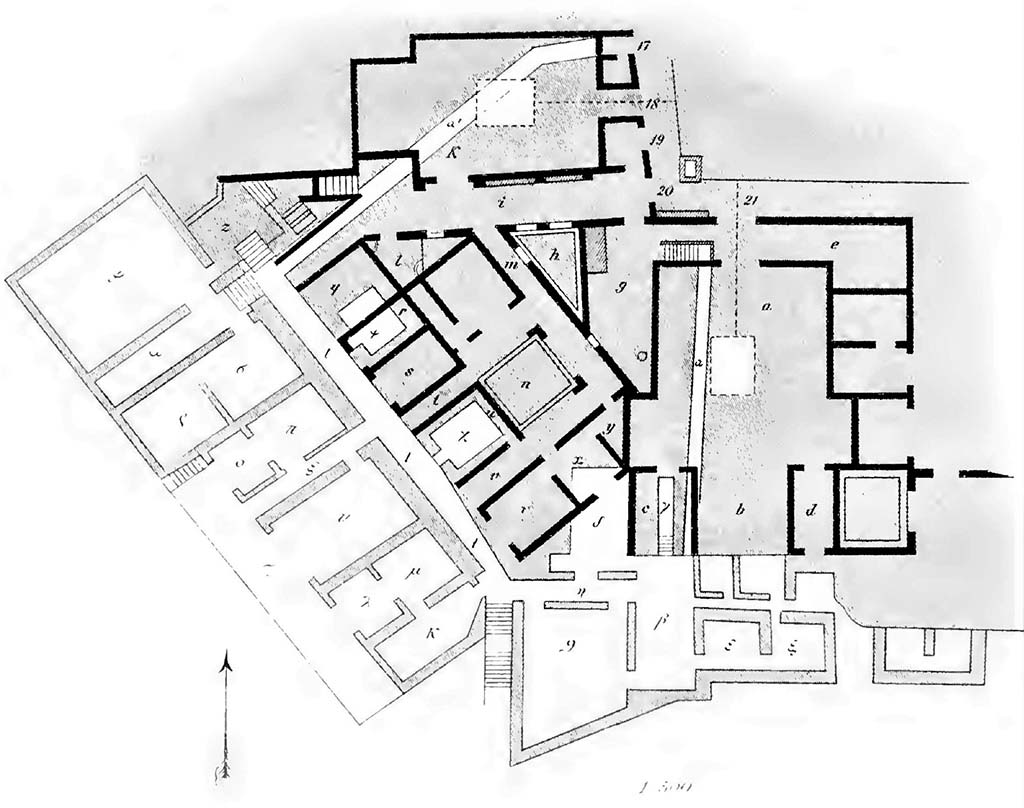 VIII.2.18-21 Pompeii. Plan drawn in BdI, 1890.
See Bullettino dell’Instituto di Corrispondenza Archeologica (DAIR), 05, 1890, Tav. 5,2.
