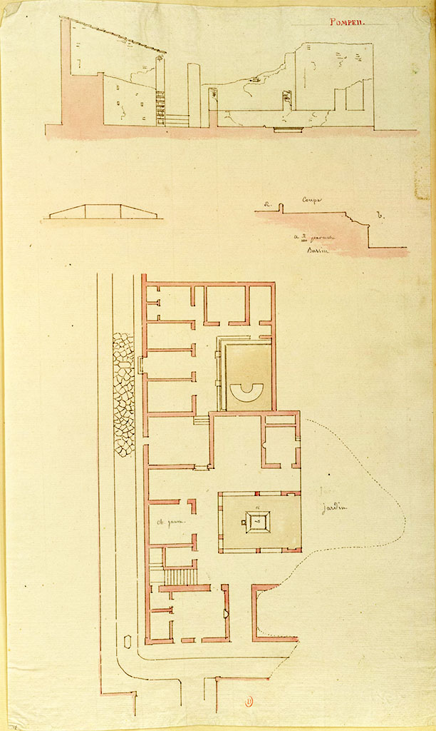 VIII.3.14 and VII.3.15 Pompeii. Mai 1823? Undated cross sections and plan of the two houses, linked at the time, and only partly excavated.  
The INHA web site records:
Annotations par Chenavard : "coupe", "bassin", "ch. Jaune", "bassin".
Dans la partie supérieure du feuillet, coupe nord-sud sur l'atrium de la Casa della Regina Carolina. Au-dessous, coupe du stibadium dans le jardin. 
A droite, profil de la moulure de l'impluvium de marbre. 
Dans la partie inférieure du feuillet, plan de la même maison. 
Le document semble reproduit.
Signé : monogramme
See Chenavard, Antoine-Marie (1787-1883) et al. Voyage d'Italie, croquis Tome 3, pl. 94.
INHA Identifiant numérique : NUM MS 703 (3). See Book on INHA 
Document placé sous « Licence Ouverte / Open Licence » Etalab   
