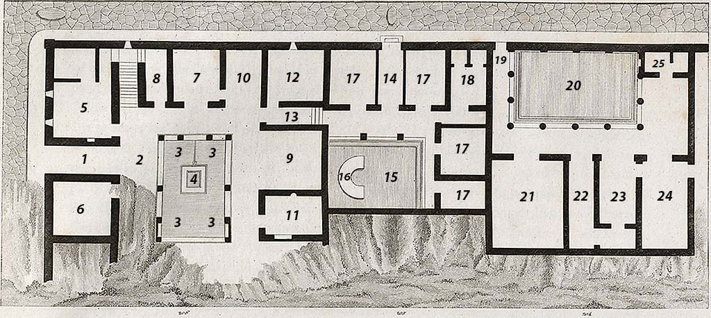 VIII.3.14 Pompeii, on left, linked by steps with VII.3.15, in centre. pre-1824. 
Plan by Mazois of area on south side of Insula 3, in Reg. VIII. North is at the bottom on this plan.
On the right of the plan, with the entrance at 19, (now numbered VIII.3.16) Mazois describes the peristyle area of the house linked to VIII.3.18.
See Mazois, F., 1824. Les Ruines de Pompei : Second Partie. Paris : Firmin Didot, p. 50 pl. XII, fig. I.
