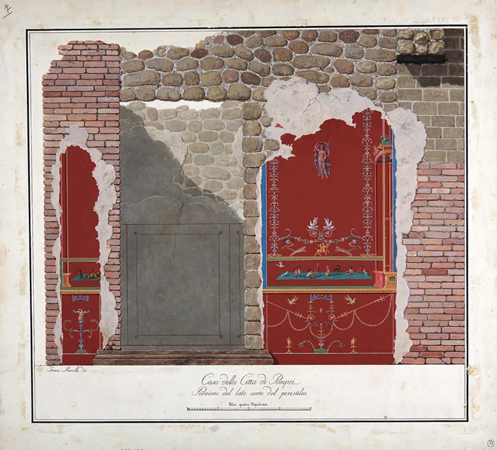 VIII.3.14 Pompeii. Not dated but pre-1828. Drawings by Zahn of fragments of paintings, taken from various walls in Pompeii.
The central lower drawing is of a wall in the atrium/short wall of the peristyle showing the predella with the pygmy painter, as painted by Morelli, above.
See Zahn, W., 1828-29. Die schönsten Ornamente und merkwürdigsten Gemälde aus Pompeji, Herkulanum und Stabiae: I. Berlin: Reimer, taf. 86.
