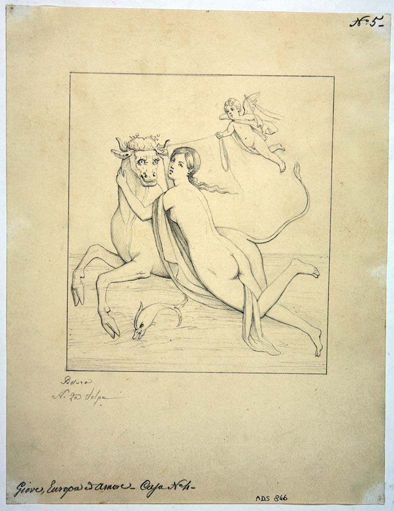 VIII.4.4 Pompeii. Drawing by Nicola La Volpe of the painting from the west wall of room 12.
The drawing depicts Europa, nude, viewed from behind, with cloth wrapped around an arm and a leg, clinging with both hands to the head of the bull (Zeus) that is carrying her to the left; a cupid at the top right tends the noose tied around the bull's head, while a dolphin swims down between the legs of the animal. 
Now in Naples Archaeological Museum. Inventory number ADS 846.
Photo © ICCD. http://www.catalogo.beniculturali.it
Utilizzabili alle condizioni della licenza Attribuzione - Non commerciale - Condividi allo stesso modo 2.5 Italia (CC BY-NC-SA 2.5 IT)
