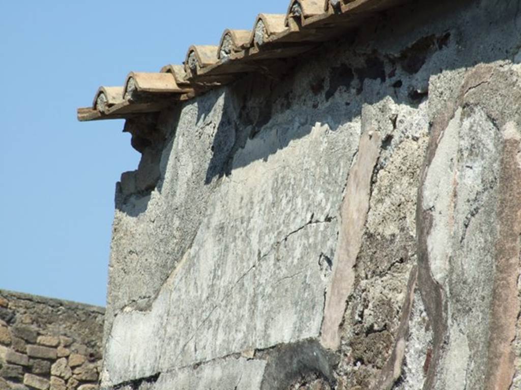 VIII.4.15 Pompeii.  March 2009.   Upper section of remains of plaster on East wall of entrance fauces. 