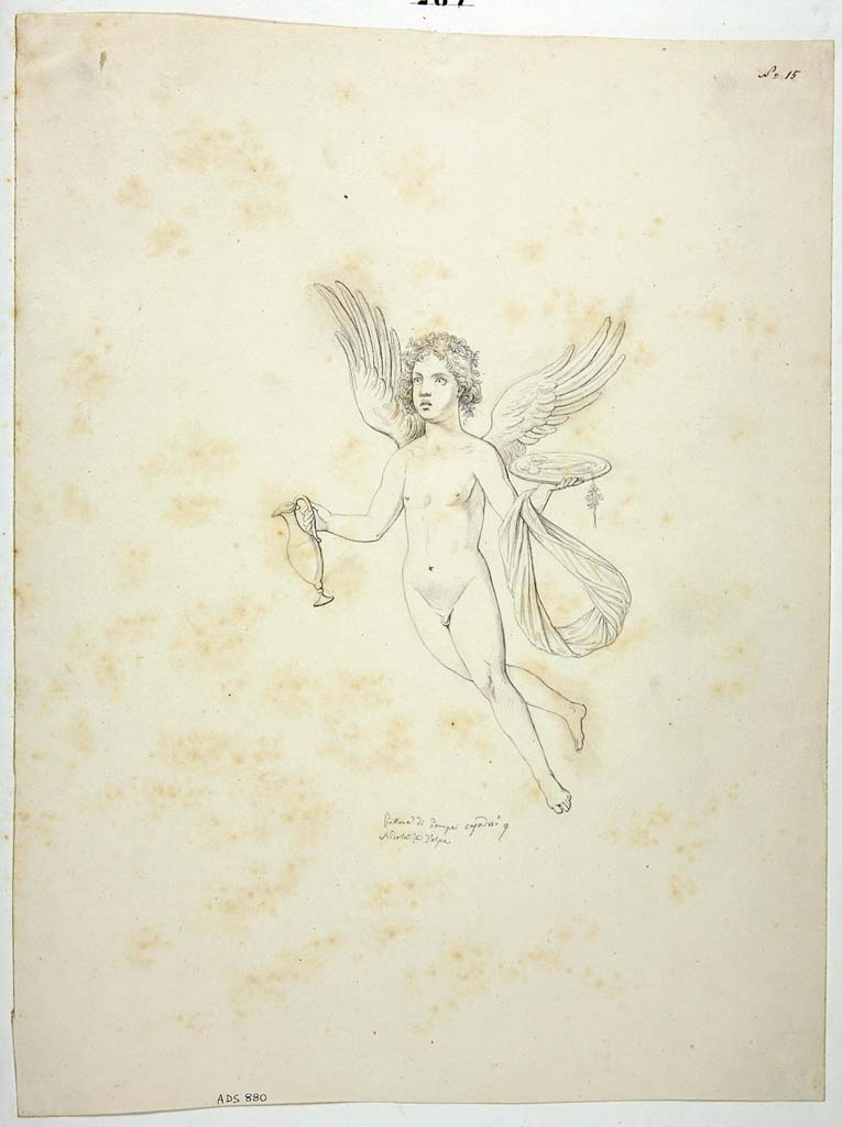 VIII.4.34 Pompeii. Drawing by Nicola La Volpe, of painting of Cupid in flight carrying a jug (urceo) and plate (patera).
This was seen on an unknown wall in the tablinum. 
See Carratelli, G. P., 1990-2003. Pompei: Pitture e Mosaici: Vol. VIII.  Roma: Istituto della enciclopedia italiana, p. 541.
Now in Naples Archaeological Museum. Inventory number ADS 880.
Photo  ICCD. http://www.catalogo.beniculturali.it
Utilizzabili alle condizioni della licenza Attribuzione - Non commerciale - Condividi allo stesso modo 2.5 Italia (CC BY-NC-SA 2.5 IT)
