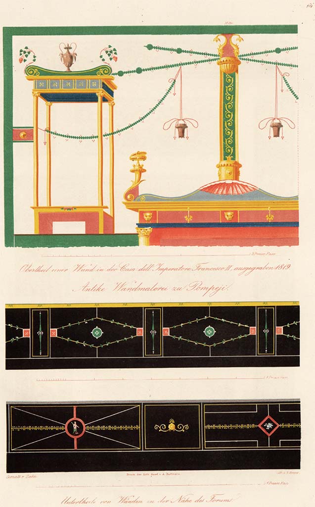 VIII.5.28 Pompeii. Pre-1849. Painting by Zahn of upper wall decoration in Room 3, at top.
The two black zoccolo below are described as being from “in the neighbourhood of the Forum”.
See Zahn W., 1849. Ornamente aller klassischen Kunst-Epochen nach den Originalen in ihren eigenthümlichen Farben. Berlin: Reimer, Taf. 66.
