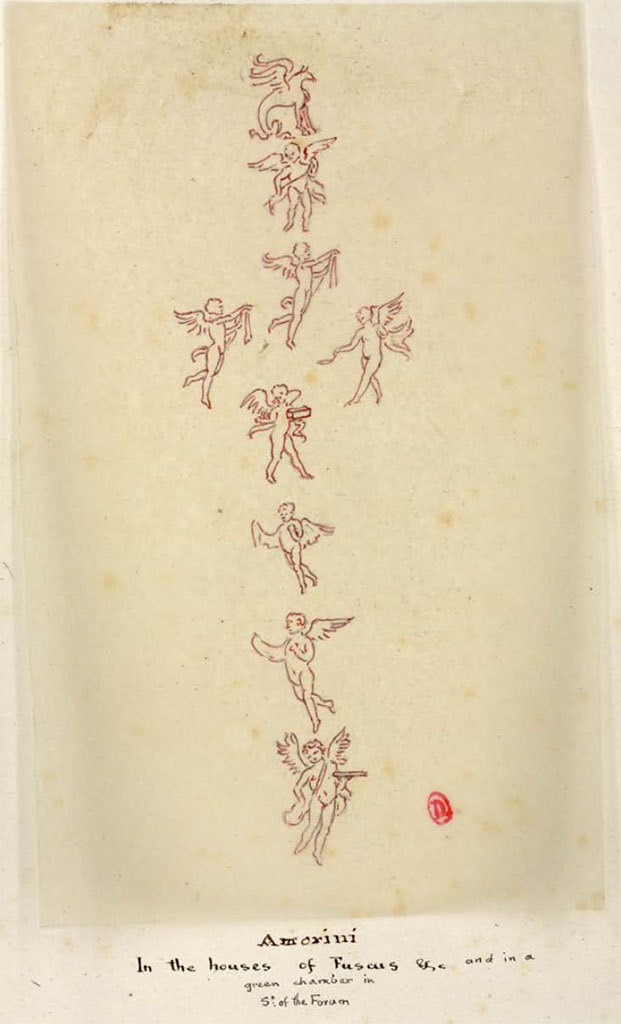 VIII.5.28 Pompeii. Between 1819 and 1832 sketch by W. Gell of cupids, described by him as –
“In the houses of Fuscus and in a green chamber in Street  of the Forum.”
See Gell, W. Pompeii unpublished [Dessins de l'édition de 1832 donnant le résultat des fouilles post 1819 (?)] vol II, pl. 51.
Bibliothèque de l'Institut National d'Histoire de l'Art, collections Jacques Doucet, Identifiant numérique Num MS180 (2).
See book in INHA Use Etalab Licence Ouverte

