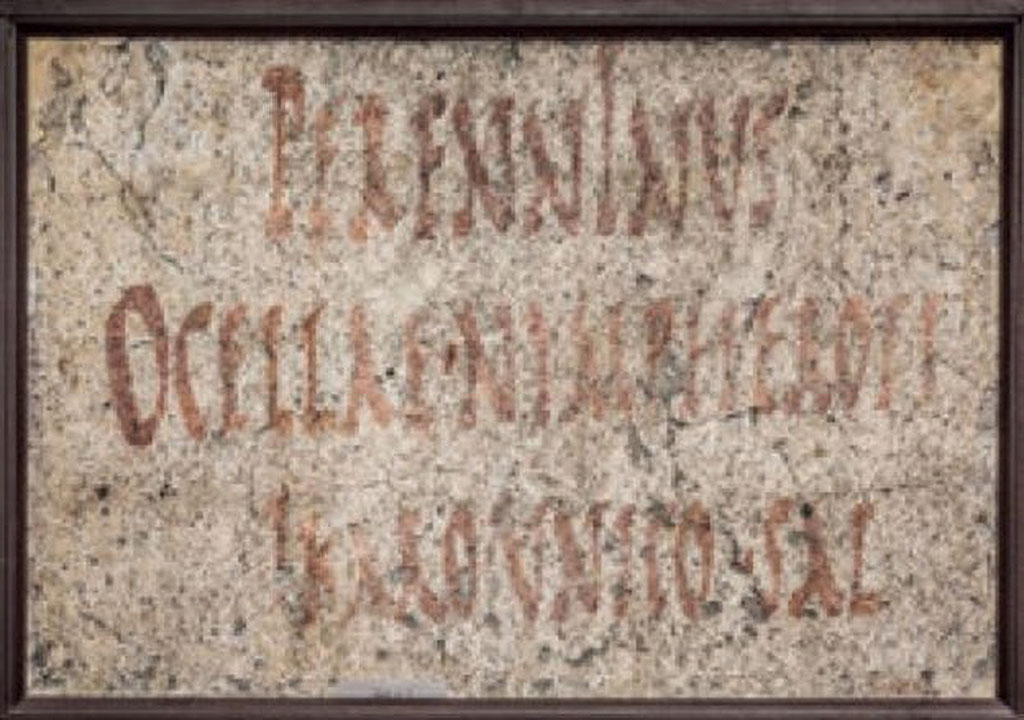 VIII.7.16 Pompeii. Inscription found under POMPEIS of CIL IV 1186.
The Epigraphik-Datenbank Clauss/Slaby (See www.manfredclauss.de) records

Perenninus
Ocellae Nympheroti
Ikaro unico sal(utem)   [CIL IV 1093]

“Perenninus to Ocella, Ninferotes and Icarus, a special greeting”
Now in Naples Archaeological Museum. Inventory number 4663.
