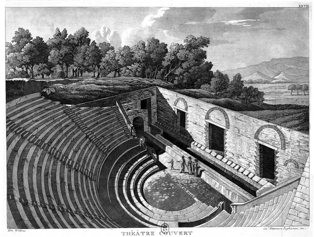 VIII.7.19 Pompeii. Painting c. 1819 by H. Wilkins titled Theatre Couvert.
The band with the dedication to M OCVLATIVS M F VERVS IIVIR PRO LUDIS can be seen parallel to the stage.
See Wilkins H, 1819. Suite de Vues Pittoresques des Ruines de Pompei, Rome, Tav. XXVII.
According to Epigraphik-Datenbank Clauss/Slaby (See www.manfredclauss.de) this reads

M(arcus) Oculatius M(arci) f(ilius) Verus IIvir pro ludis      [CIL X 845]

