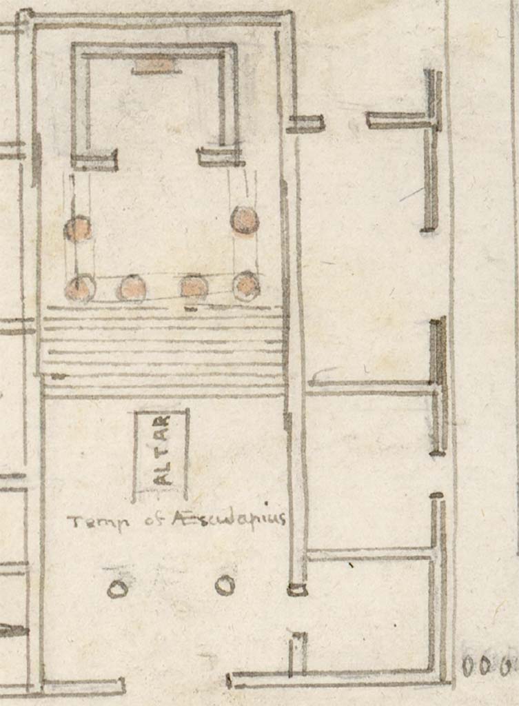 VIII.7.25 Pompeii. c.1819, sketch of plan of Temple, by W. Gell.
See Gell W & Gandy, J.P: Pompeii published 1819 [Dessins publiés dans l'ouvrage de Sir William Gell et John P. Gandy, Pompeiana: the topography, edifices and ornaments of Pompei, 1817-1819], pl. 86 (part).
See book in Bibliothèque de l'Institut National d'Histoire de l'Art [France], collections Jacques Doucet Gell Dessins 1817-1819
Use Etalab Open Licence ou Etalab Licence Ouverte
