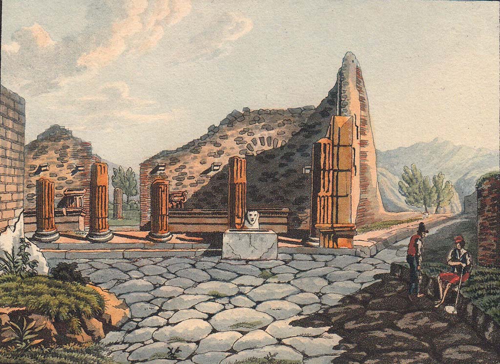 VIII.7.30 Pompeii. 1849. Drawing by Laurits Albert Winstrup. Looking south in Via dei Teatri, towards entrance to Triangular Forum.
Photo © Danmarks Kunstbibliotek, inventory number ark_6092.
