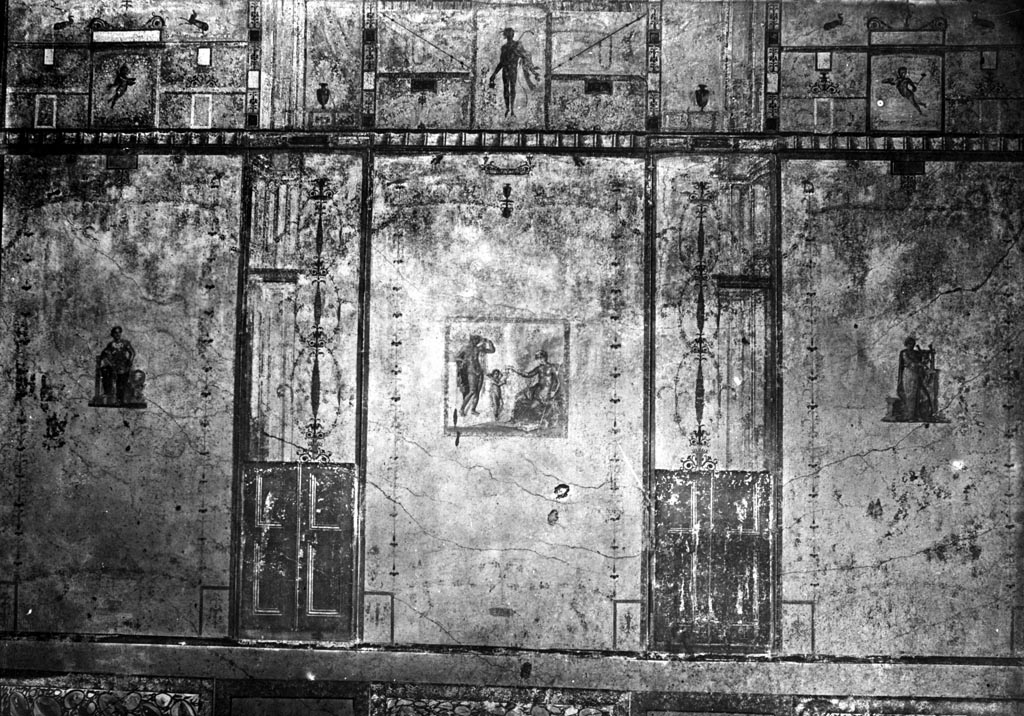 IX.1.20 Pompeii. W.344. Room 9, east wall of triclinium. 
In the panel on the left, at the north end of the east wall would have been the Muse Urania.
In the central panel would have been a painting of Venus and the evening star (or Aphrodite and Hesperus)
See Helbig, W., 1868. Wandgemälde der vom Vesuv verschütteten Städte Campaniens. Leipzig: Breitkopf und Härtel. (367)
In the panel on the right, at the south end of the east wall would have been the Muse Terpsichore.
See Gallo, A. (2000): I quadri perduti del triclinio “S” della casa di M. Epidio Rufo. (p.89) in Assoc. Internazionale Amici di Pompei: Rivista di Studi Pompeiani, XI, 2000, “L’Erma” di Bretschneider, Rome, (p.87-100)
Photo by Tatiana Warscher. Photo © Deutsches Archäologisches Institut, Abteilung Rom, Arkiv. 
