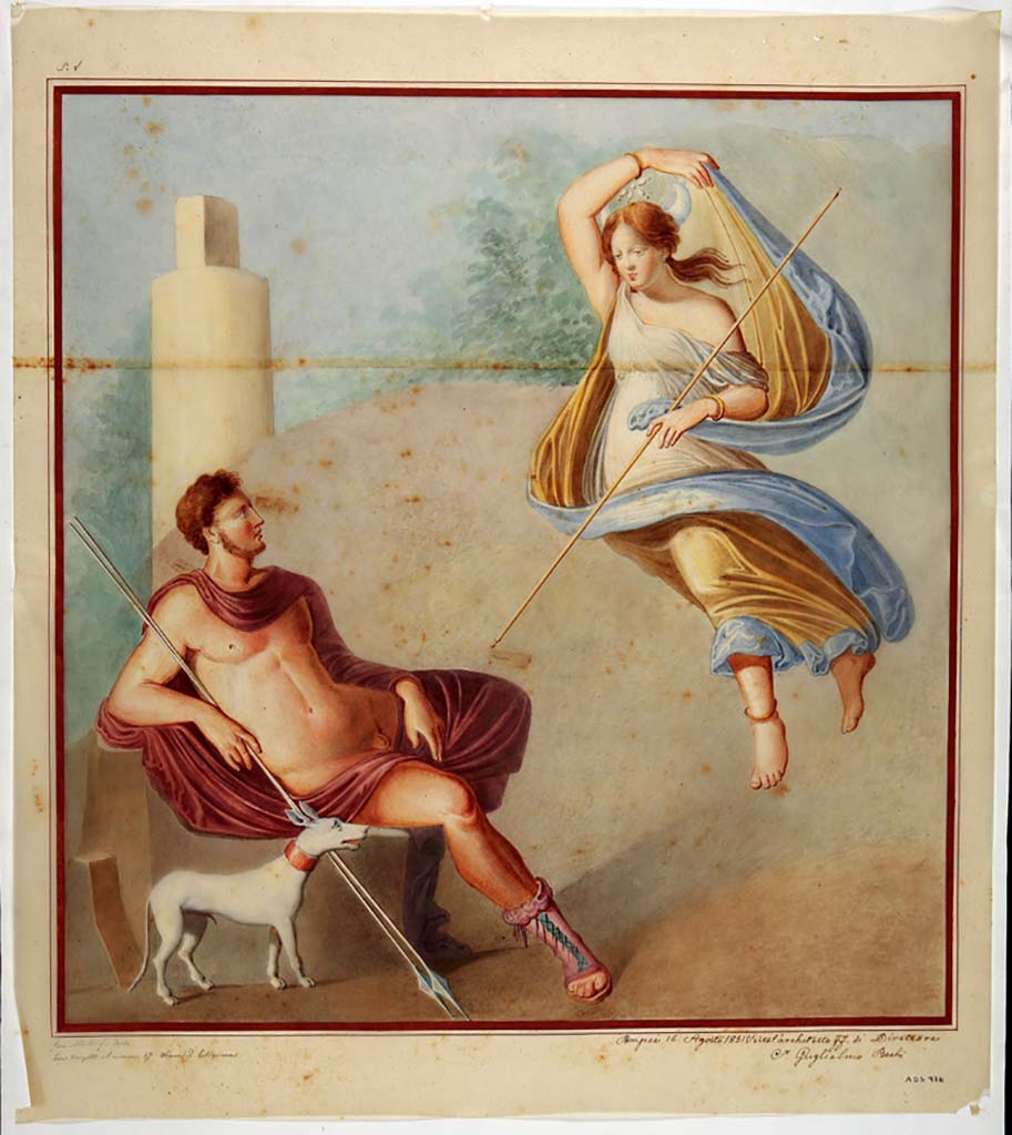 IX.2.10 Pompeii. Drawing by Giuseppe Abbate, 1851, of painting of Endymion and Selene found on wall of triclinium on 22nd April 1851. 
Now in Naples Archaeological Museum. Inventory number ADS 975.
Photo © ICCD. http://www.catalogo.beniculturali.it
Utilizzabili alle condizioni della licenza Attribuzione - Non commerciale - Condividi allo stesso modo 2.5 Italia (CC BY-NC-SA 2.5 IT)
The painting was detached and taken to Naples Museum, inv. 9246.
