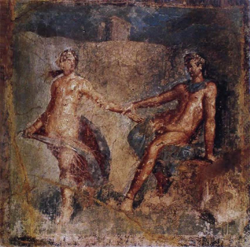 IX.2.10 Pompeii. Drawing by Giuseppe Abbate, 1851, of painting of Apollo and Daphne found in the same triclinium on a wall with a yellow background.
Now in Naples Archaeological Museum. Inventory number ADS 979.
Photo © ICCD. http://www.catalogo.beniculturali.it
Utilizzabili alle condizioni della licenza Attribuzione - Non commerciale - Condividi allo stesso modo 2.5 Italia (CC BY-NC-SA 2.5 IT)
The original painting was also detached and taken to Naples Archaeological Museum. 
