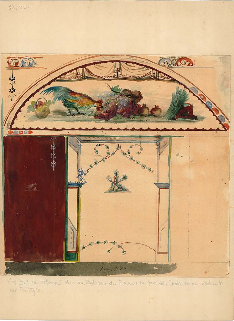 IX.2.10 Pompeii. c.1870’s. Painting by Luigi Bazzani showing detail of east wall of tablinum.
Photo © Victoria and Albert Museum. Inventory number 2039-1900.
