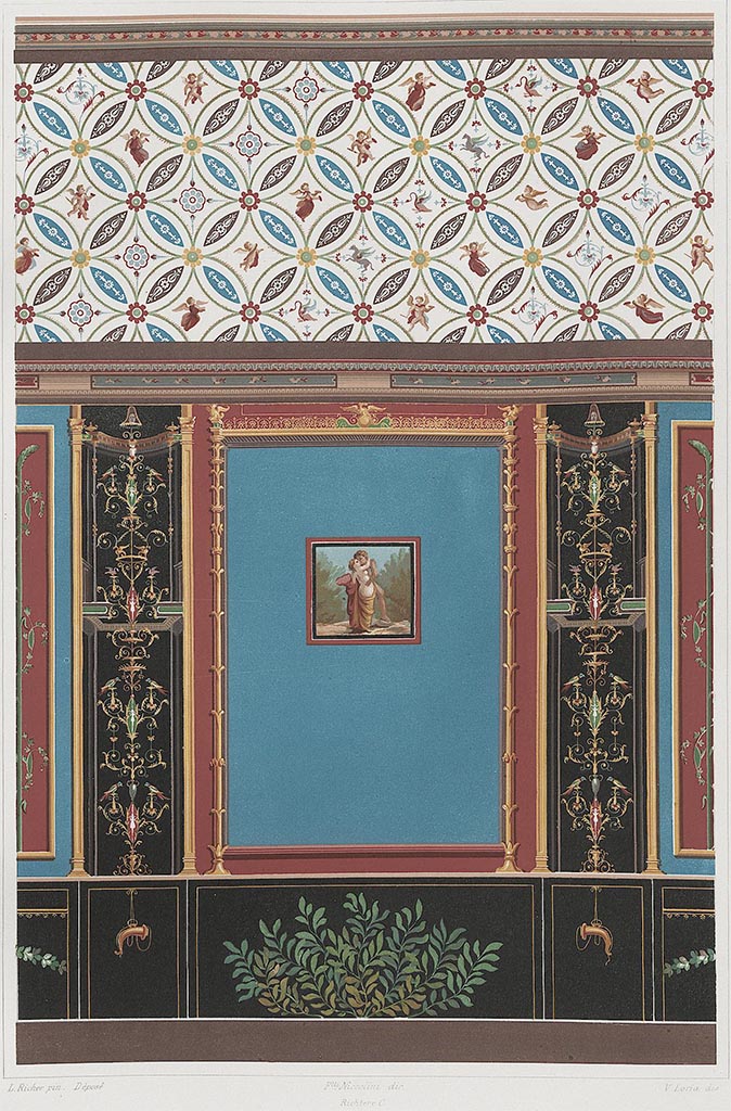 IX.2.10 Pompeii. 1877. Watercolour copy by G. Discanno of south wall of cubiculum.
According to Steeger, the graceful decoration of this cubicle has almost all disappeared, so this reproduction preserves for future times an image of the disappearing paintings.
In particular, the frieze of this wall is worthy of observation, because the design offers an example that resembles upholstery. 
The curves were marked first with the compass; the figures in the boxes are not painted in fretwork, because each one is different from the other.
A wide frame of very protruding stucco separates the frieze from the middle wall. 
The blue panel in the centre has the painting of Polyphemus and Galatea. 
The candelabras on the black vertical bands that divide the compartments and descend into the plinth, were executed with such finesse, that a small copy could not reproduce them perfectly.
See Steeger V., 1877. Le più belle pareti di Pompei. Torino: Loescher. Fasc. III, p. 7, Tav. VII.
