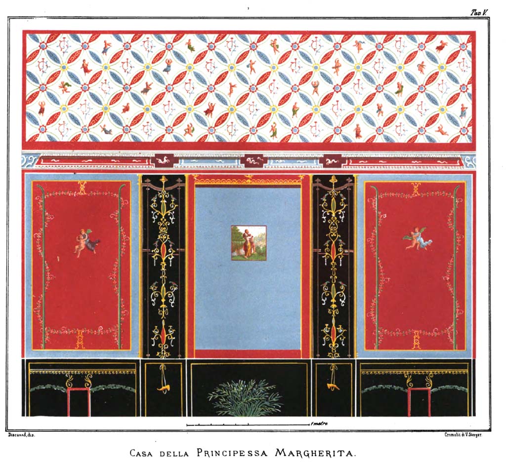 IX.2.10 Pompeii. 1877. Watercolour copy by G. Discanno of upper wall of cubiculum.
According to Presuhn, this reproduces a fragment of an upper wall whose design is obviously copied from a ceiling.
The figures which occupy the center of each circle are most varied.
See Presuhn E., 1877. Die pompejanischen Wanddecorationen. Leipzig: Weigel, Taf. XIV.

