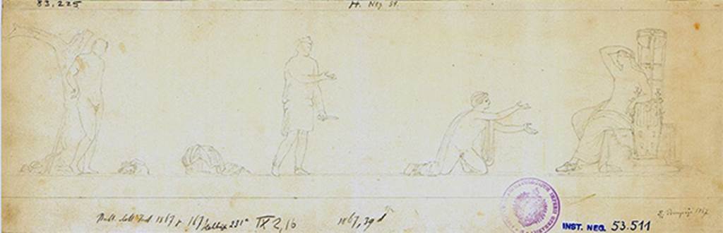 IX.2.16 Pompeii. 1867 drawing of wall painting of Apollo and the punishment of Marsyas, from the south wall.
DAIR 83.225. With kind permission of DAI Rome, whose copyright it remains. 
See http://arachne.uni-koeln.de/item/marbilder/5343125
