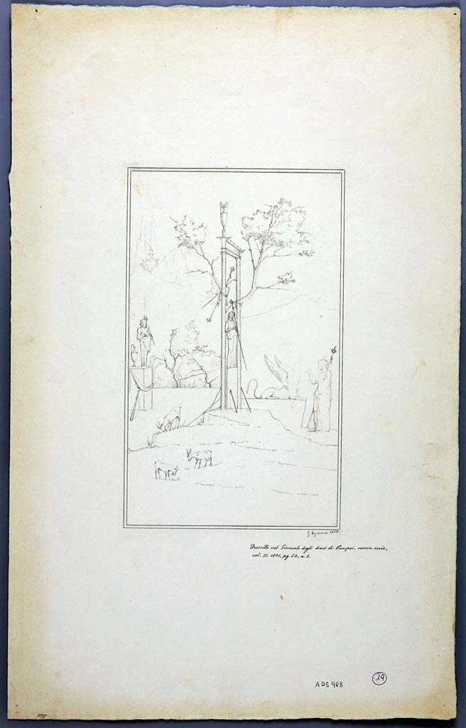 IX.2.18 Pompeii. Drawing by Geremia Discanno, 1870, of painting of sacred landscape, seen on north wall of cubiculum, but now little remains.
Now in Naples Archaeological Museum. Inventory number ADS 988.
Photo  ICCD. http://www.catalogo.beniculturali.it
Utilizzabili alle condizioni della licenza Attribuzione - Non commerciale - Condividi allo stesso modo 2.5 Italia (CC BY-NC-SA 2.5 IT)
