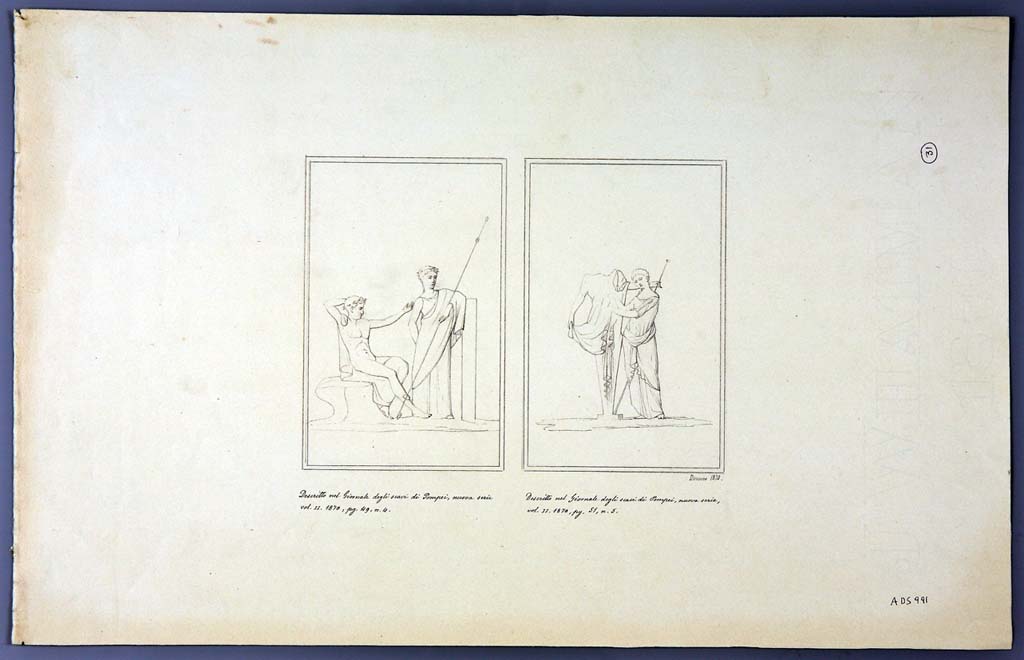 IX.2.21 Pompeii. Room 13, north wall of cubiculum.  Two drawings by Geremia Discanno, 1870, of paintings seen on the walls of this house.
The drawing on the left may be from the north wall of room 5 showing a sitting Dionysus and a standing Arianna.
The drawing on the right of a female figure standing near an archaic herm of Dionysus, from north wall of cubiculum, room 13.
Now in Naples Archaeological Museum. Inventory number ADS 991.
Photo  ICCD. http://www.catalogo.beniculturali.it
Utilizzabili alle condizioni della licenza Attribuzione - Non commerciale - Condividi allo stesso modo 2.5 Italia (CC BY-NC-SA 2.5 IT)
See Sogliano, A., 1879. Le pitture murali campane scoverte negli anni 1867-79. Napoli: Giannini. (p.52, no.243) 
See Bragantini, de Vos, Badoni, 1986. Pitture e Pavimenti di Pompei, Parte 3. Rome: ICCD. (p.424)
