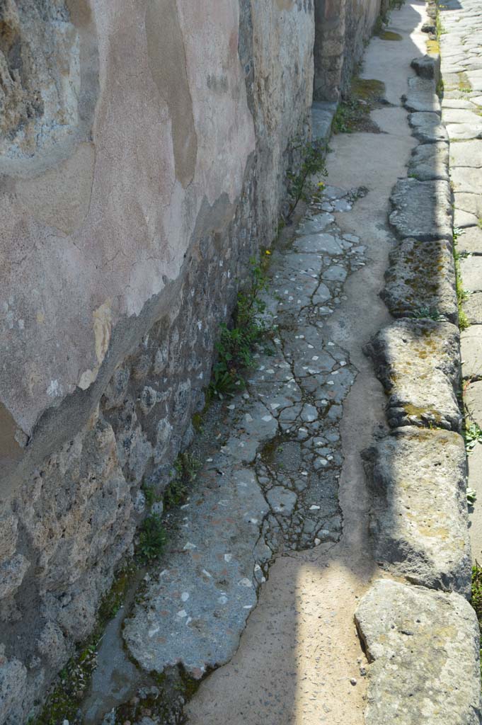 IX.2.26 Pompeii. March 2019. Looking west along pavement towards entrance doorway.
Foto Taylor Lauritsen, ERC Grant 681269 DÉCOR.

