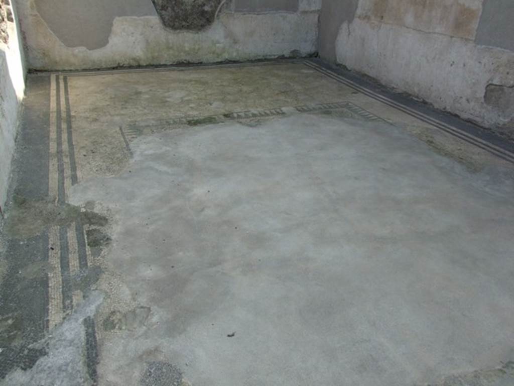 IX.3.5 Pompeii. March 2009. Room 25, exedra, remains of black and white mosaic floor, bordered by black and white mosaic lines. In the centre would have been a black and white chessboard patterned carpet design, bordered by denti di lupo (wolfs teeth).
See Bragantini, de Vos, Badoni, 1986. Pitture e Pavimenti di Pompei, Parte 3. Rome: ICCD. (p.443, esedra e).
