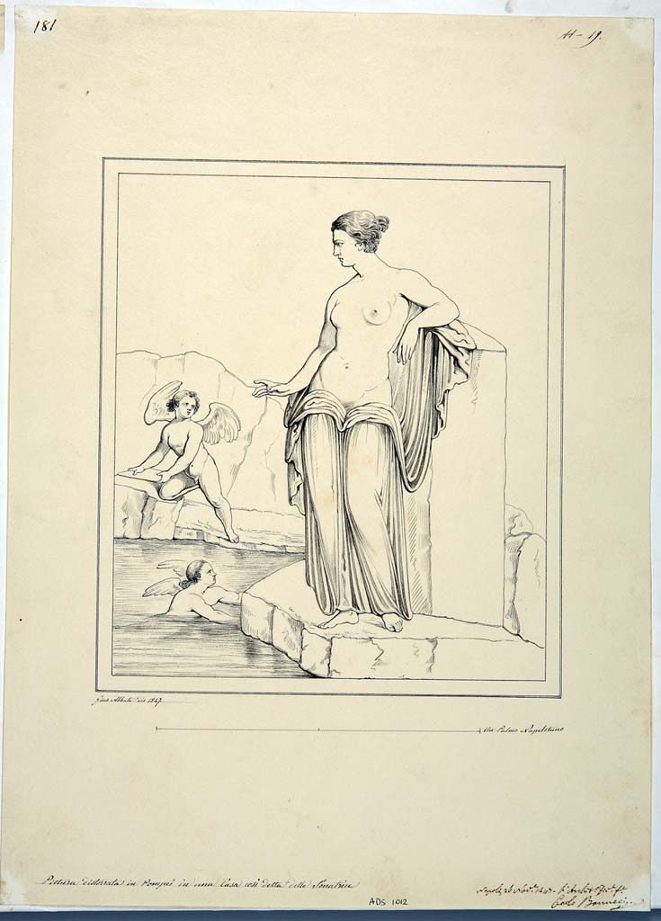 IX.3.5 Pompeii. Room 4, centre of east wall. Drawing by Giuseppe Abbate, 1847, of painting of Venus and cupids.
Now in Naples Archaeological Museum. Inventory number ADS 1012.
Photo © ICCD. http://www.catalogo.beniculturali.it
Utilizzabili alle condizioni della licenza Attribuzione - Non commerciale - Condividi allo stesso modo 2.5 Italia (CC BY-NC-SA 2.5 IT)
See Helbig, W., 1868. Wandgemälde der vom Vesuv verschütteten Städte Campaniens. Leipzig: Breitkopf und Härtel, (820b)
